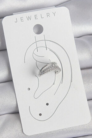 Pirinç Gümüş Renk Zirkon Taşlı 3'Lü Sıralı Kadın Kıkırdak Küpe