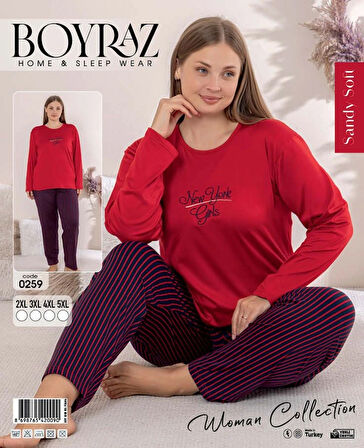 Boyraz 0259 Kadın Battal Sandy Uzun Kol Pijama Takımı - Kırmızı - 5XL