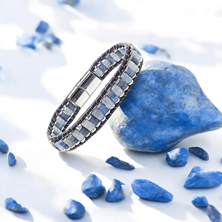  FM Mavi Aventurin & Hematit Çelik Örgülü Deri Bileklik 31832B22D4 