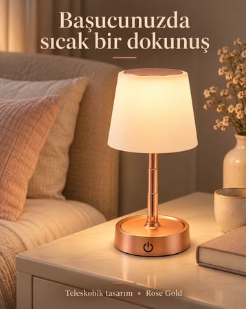 2 li Luna Rose Gold Teleskobik Şarjlı LED Masa Lambası | Ayarlanabilir Boy 11–28 cm 2 adet