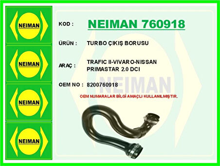 TURBO ÇIKIŞ BORUSU OPEL VIVARO-RENAULT TRAFIC 2-NISSAN PRIMASTAR 2006 2.0 DCI 93861386 8200760918 1626900Q0C