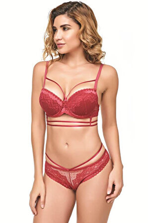 Balenli Destekli Dolgulu Askıları Çıkabilen Yaka Detaylı Çıkabilen Göğüs Altı Aksesuarlı Dantelli Sütyen Ve String Takım - Vişne - 85B