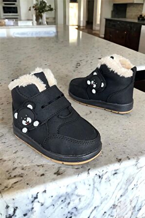 Panda Detaylı Kürklü Unisex Çocuk Bebe Bot SİYAH