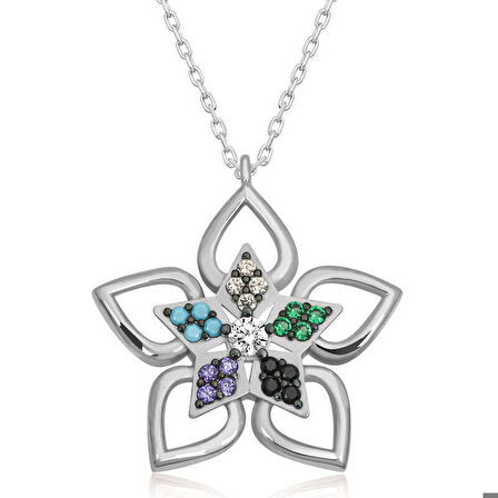 ​Gümüş Renkli Taşlı Çiçek Kadın Kolye