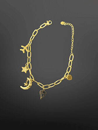 Gold Renk Charm Figürlü 316L Çelik Zincir Bileklik | Ay, Yıldız, Kalp Detaylı Şık Tasarım