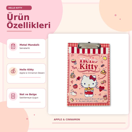 BakGelAl Hello Kitty Elmalı ve Tarçın Temalı Kırmızı Kareli Metal Mandal Klipsli Sekreterlik ve Bloknot Altlığı