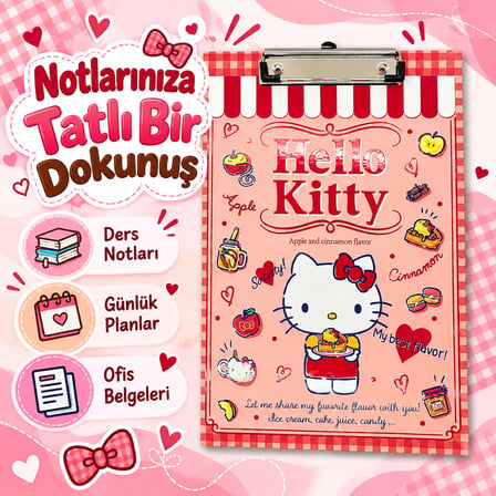 BakGelAl Hello Kitty Elmalı ve Tarçın Temalı Kırmızı Kareli Metal Mandal Klipsli Sekreterlik ve Bloknot Altlığı