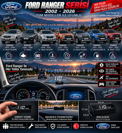 Ford Ranger 2002-2026 modeller için head up display hayalet gösterge ekranı ön cam hız göstergesi