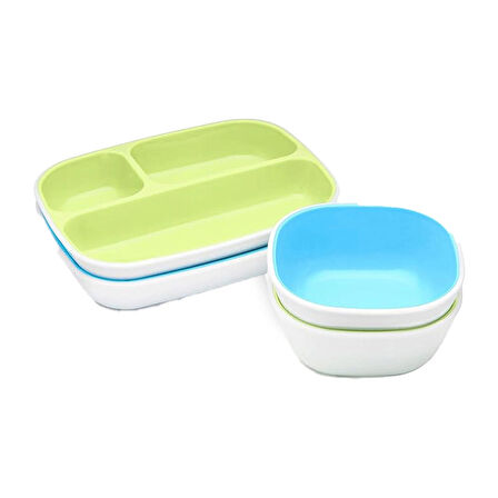 Munchkin® Splash™ 4'lü Bölmeli Tabak ve 2li Kase Seti  6ay+ Mavi/Yeşil 