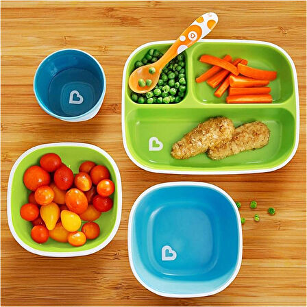 Munchkin® Splash™ 4'lü Bölmeli Tabak ve 2li Kase Seti  6ay+ Mavi/Yeşil 