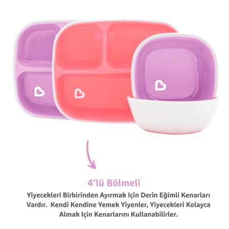 Munchkin ® Splash™ 4'lü Bölmeli Tabak ve 2li Kase Seti 6AY+ Pembe/mor