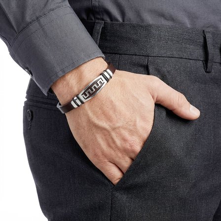  💎 Premium Motifli Ayarlanabilir Kordonlu Erkek Deri Ve Çelik Bileklik 31834B23DD4 - 23 cm