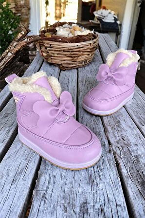 İçi Kürklü Cırtlı Kız Çocuk Bebek Ayakkabısı  Lila