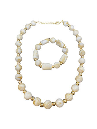 Beyaz ve Altın Renk Detaylı Şık Akrilik Damla Boncuk Bileklik ve Kolye Seti | Şık Ve Parlak Tasarım