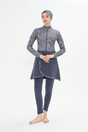 Kadın Tam Kapalı Tesettür Mayo 4 Parça – Desenli – ANTARASİT-2XL