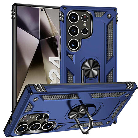 Samsung Galaxy S24 Ultra ile Uyumlu Kılıf Tam Koruma Yüzüklü Standlı Tank Gövdeli Telefon Kılıfı Kapak