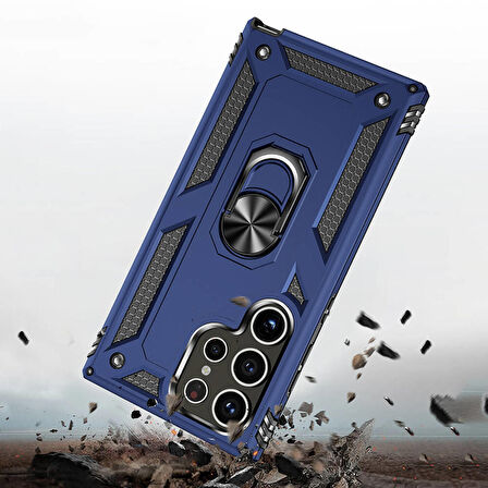 Samsung Galaxy S24 Ultra ile Uyumlu Kılıf Tam Koruma Yüzüklü Standlı Tank Gövdeli Telefon Kılıfı Kapak
