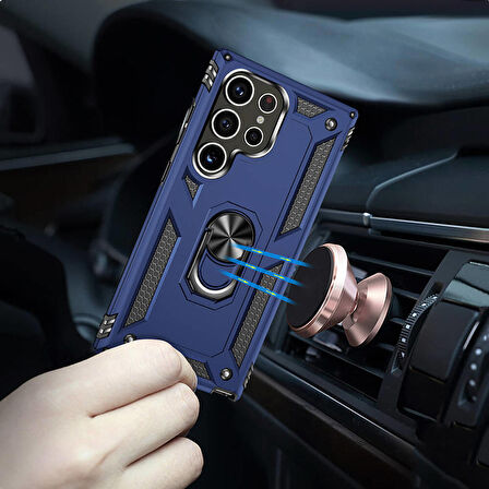 Samsung Galaxy S24 Ultra ile Uyumlu Kılıf Tam Koruma Yüzüklü Standlı Tank Gövdeli Telefon Kılıfı Kapak