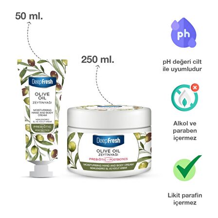 Deep Fresh Nemlendirici E Vitaminli ve Parabensiz Tüm Cilt Tipleri için Zeytinyağlı Kokulu Vücut Kremi 50 ml & 250 ml 