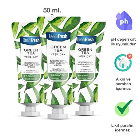 Deep Fresh Nemlendirici E Vitaminli ve Parabensiz Tüm Cilt Tipleri için Yeşil Çay Kokulu Vücut Kremi 3x50 ml 