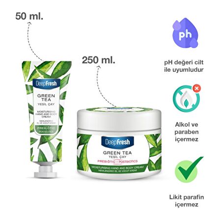 Deep Fresh Nemlendirici E Vitaminli ve Parabensiz Tüm Cilt Tipleri için Yeşil Çay Kokulu Vücut Kremi 50 ml & 250 ml 