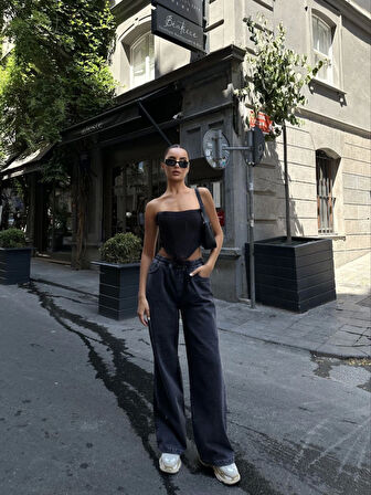  Arkadan Yırtmaçlı Jeans Kot Palazzo Pantolon - Siyah