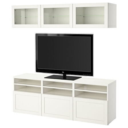 Tv ünitesi, beyaz-şeffaf cam, 180x42x192 cm, HANVIKEN/SINDVIK, fren raylı