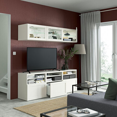 Tv ünitesi, beyaz-şeffaf cam, 180x42x192 cm, HANVIKEN/SINDVIK, fren raylı