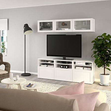 Tv ünitesi, beyaz-şeffaf cam, 180x42x192 cm, HANVIKEN/SINDVIK, fren raylı