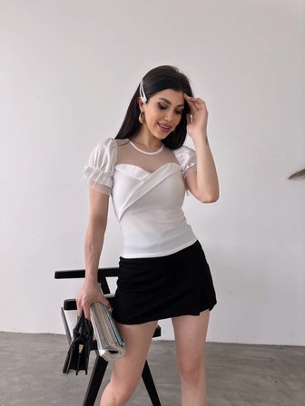 Bisiklet Yaka Tül Detaylı Kolları Fırfırlı Bluz - BEYAZ - XL