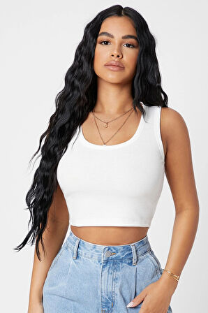 Kadın Beyaz Kare Yaka Crop Top Bluz - Beyaz - L-XL