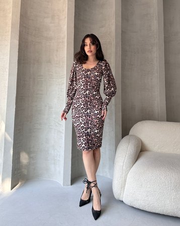 Leopar Desenli Midi Boy Elbise - KAHVERENGİ - L