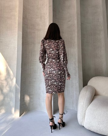 Leopar Desenli Midi Boy Elbise - KAHVERENGİ - L