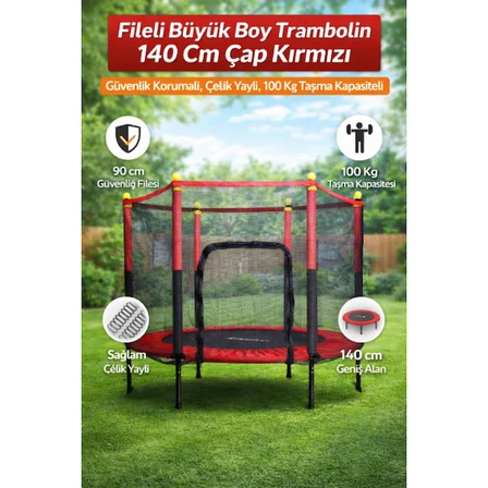 140 cm Fileli Büyük Boy Trambolin - 100 kg Kapasiteli Güvenlik Fileli Bahçe ve Çocuk Trambolini