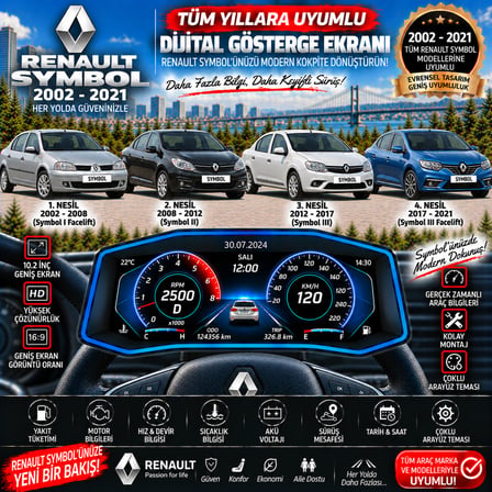 Renault Symbol 2002-2021 uyumlu digital gösterge Odb ekran arıza göstergesi turbo gösterge hayalet ekran