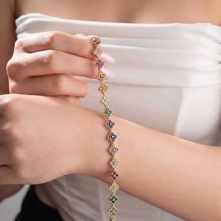💎 Premium Parlak Altın Renk 5 mm Çakra Taşlı Çiçek Model Kadın Bijuteri Bileklik 3183KBV6D7 (~18cm)