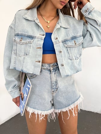 Çift Cepli Yıkamalı Crop Denim Ceket - MAVİ - L