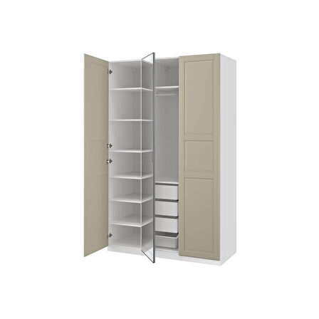 PAX gardırop, beyaz-aynalı cam-gri-bej, 150x60x236 cm