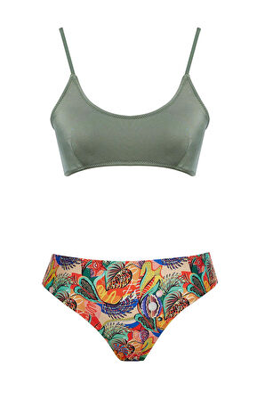 Yuvarlak Yaka Desenli Bikini Takım 