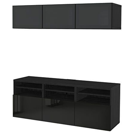 Tv ünitesi, venge-parlak cila-siyah-füme cam, 180x42x192 cm, SELSVIKEN/GLASSVIK, fren raylı