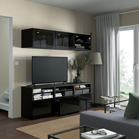 Tv ünitesi, venge-parlak cila-siyah-füme cam, 180x42x192 cm, SELSVIKEN/GLASSVIK, fren raylı