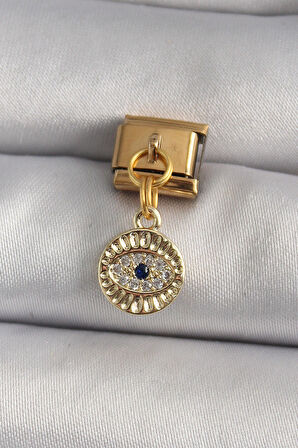 316L Çelik Gold Renk Sallantı Zirkon Taşlı Göz Model Nomination Charm - Lisinya