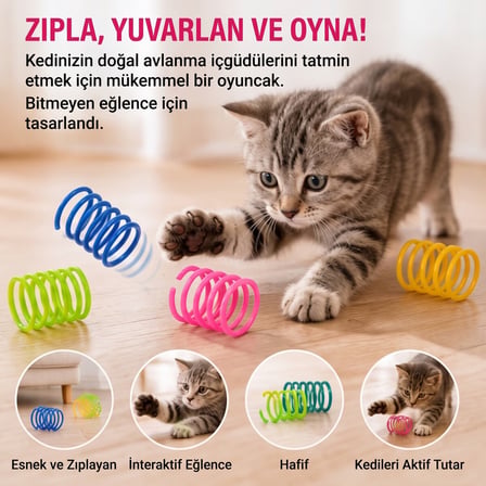 BakGelAl Renkli Spiral Yay Kedi Oyuncağı Seti 4'lü - Esnek Hareketli Eğlenceli Kedi Yay Oyun Seti
