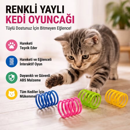 BakGelAl Renkli Spiral Yay Kedi Oyuncağı Seti 4'lü - Esnek Hareketli Eğlenceli Kedi Yay Oyun Seti