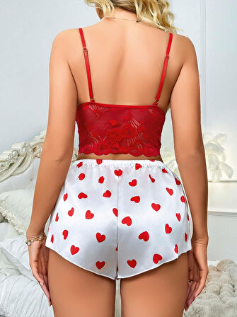 Kadın Kırmızı Kalp Desenli Şort Askılı Dantel Üst Pijama Takımı 2218
