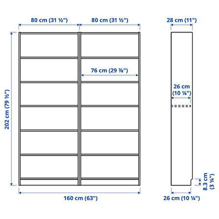 Kitaplık, beyaz, 160x28x202 cm