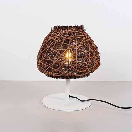 Afrika Beyaz Ayaklı Rattan Led Masa Lambası, Bohem Masa Lambası, Çalışma Masası Lambası 25x30cm