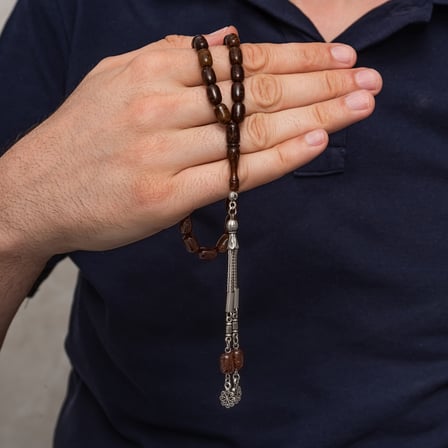 💎 Premium Parlak Eskitmeli Metal Püsküllü Kestane Kahvesi Sıkma Kehribar Tesbih