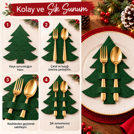 BakGelAl Lüks Yılbaşı Çam Ağacı Keçe Çatal Kaşık Kılıfı - Yeşil Masa Sunum & Peçete Dekor Seti (23x19 cm)
