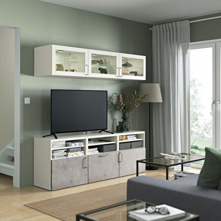 Tv ünitesi, beyaz-açık gri, 180x42x192 cm, KALLVIKEN/SINDVIK, çıt çıt raylı